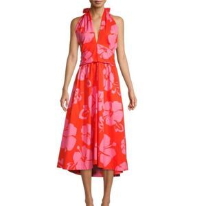 STAUD Red and Pink Floral Midi Dress